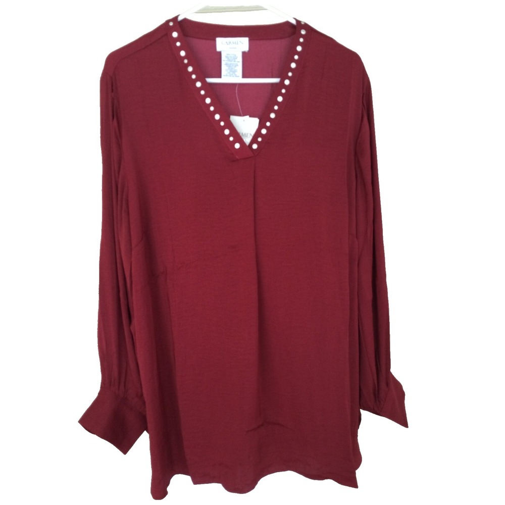 Carmen Marc Valvo Sateen Studded Top Plus Size 2X Long Sleeve Elegant Career NEW